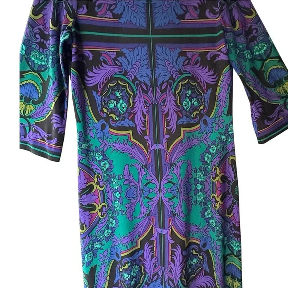 DONNA MORGAN NWOT 3/4 SLEEVE GEOMETRIC PRINT DRESS BLACK AQUA PURPLE | SIZE: 6 - Picture 4 of 8